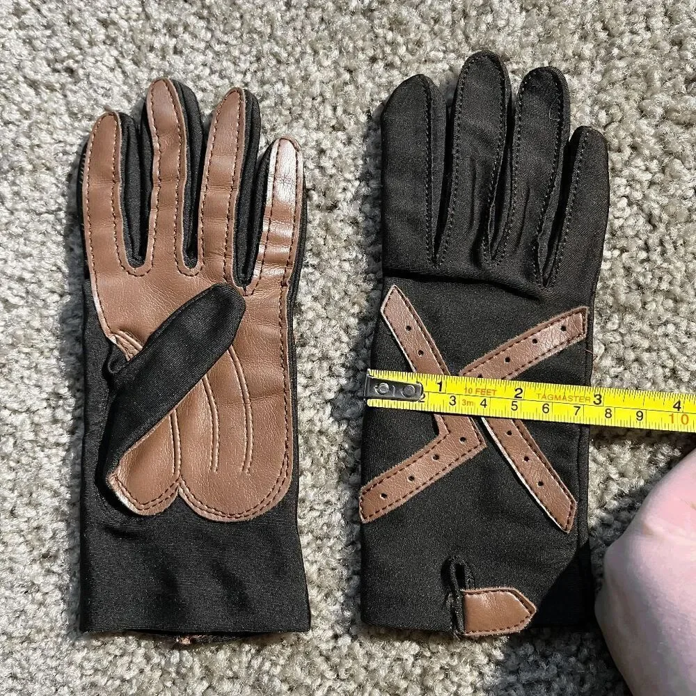 VTG Brown Faux Leather Driving Gloves Stretch Knit Retro Moto